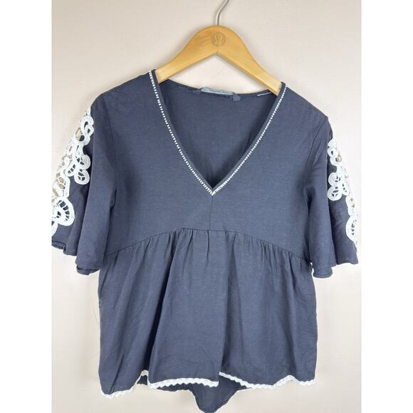 Zara Black Peplum Top Size Small White Embroidered Lace Short Sleeve Blouse - Picture 5 of 13